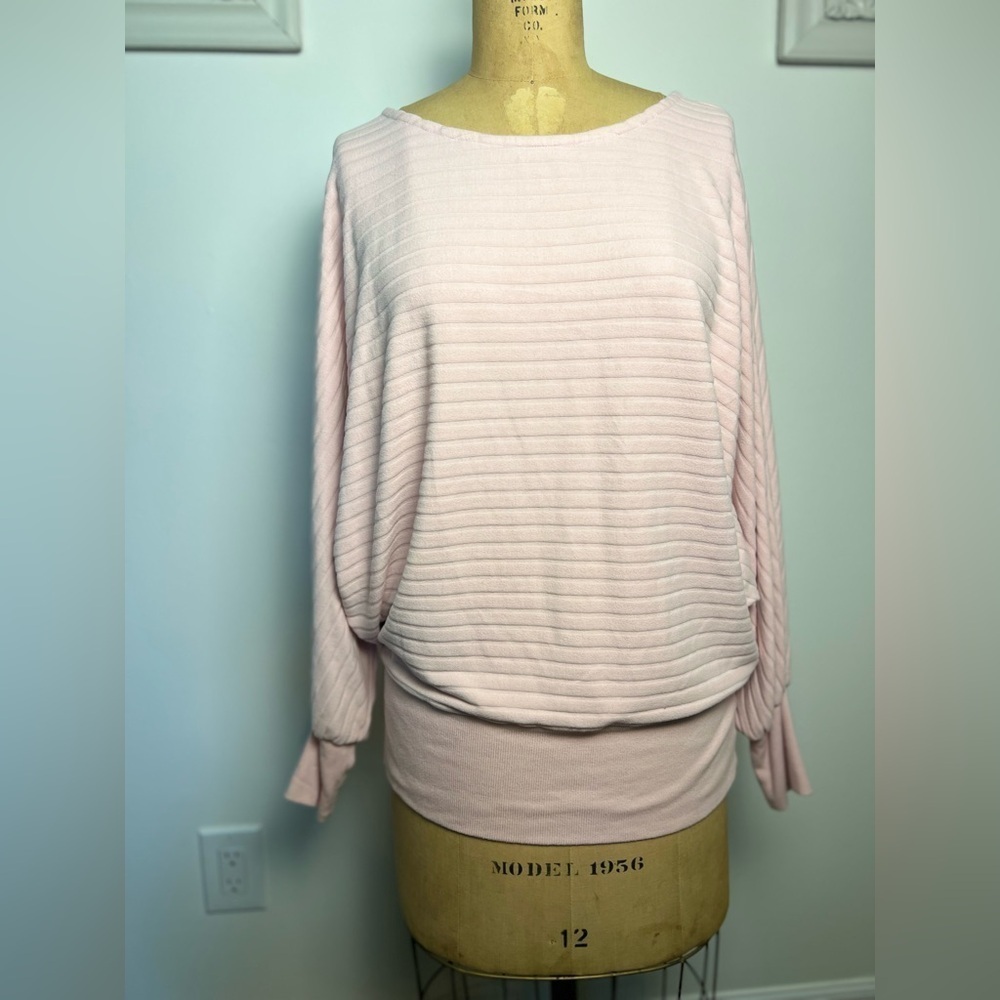 Anthropologie women’s velour striped pullover pale pink top size medium